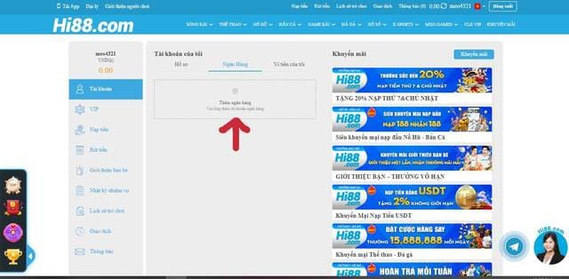 Liên kết tài khoản ngân hàng và tài khoản Hi88