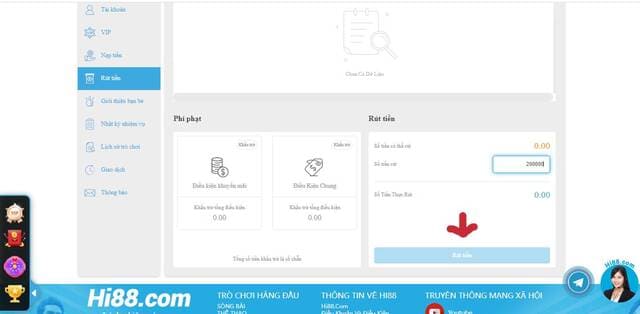 Nhập số tiền và xác nhận rút tiền Hi88
